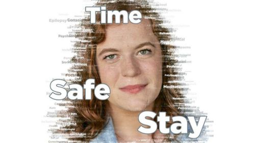 Cara's face being made out of different words with Time, Safe, Stay prominent