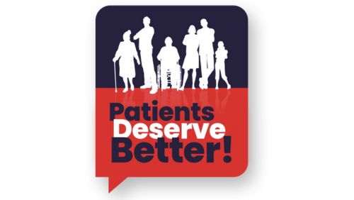 Graphic of people and Patients Deserve Better slogan on Red and navy background