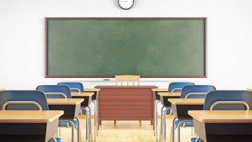 Empty Classroom showing blackboard and desks