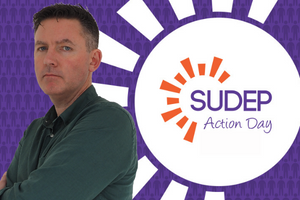 Image of Bill Linnane with background of SUDEP Logo