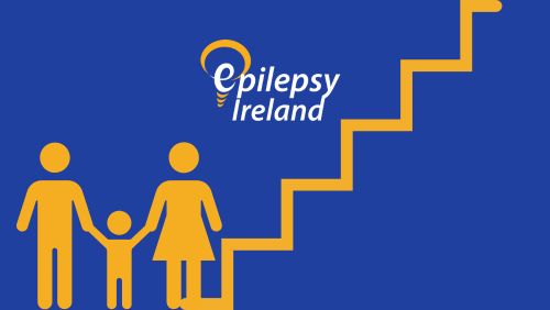 Parents leading a child up some steps and EI logo
