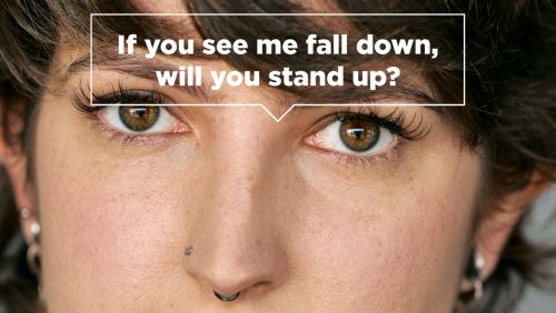Young woman with If I fall down will you stand up text overlayed