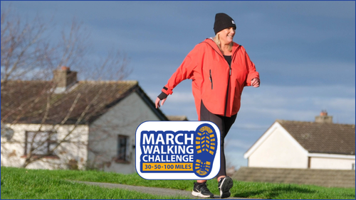 Woman waking and March Walking challenge logo overlayed