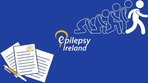 Test results, Epilepsy Ireland logo and stick man learning to walk on blue background