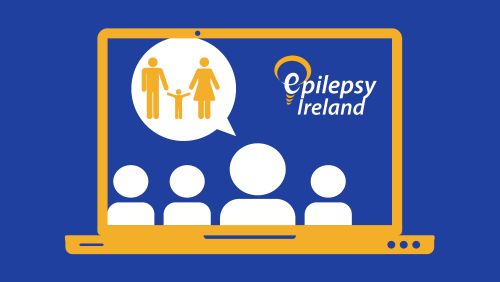 People speaking on a laptop screen with speech bubble showing family.