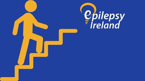 Stick man climbing steps towards Epilepsy Ireland logo