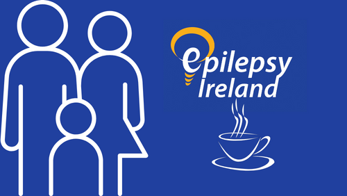 Mother and father with a child, coffee cup and EI Logo