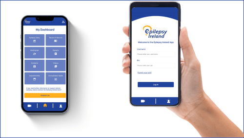 Images of the Epilepsy Ireland App on a phone with a person with the app on their phone.