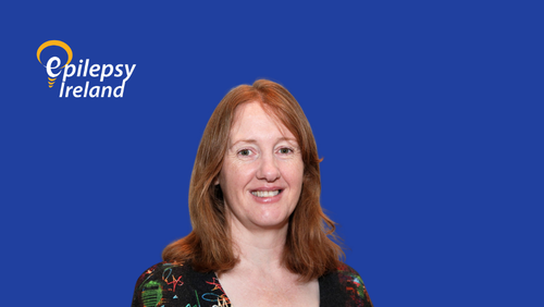 Cliona Molloy on blue background and Epilepsy Ireland Logo in top Left Hand side corner
