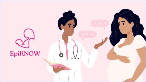 EPIKNOW logo and graphic of woman talking to her doctor