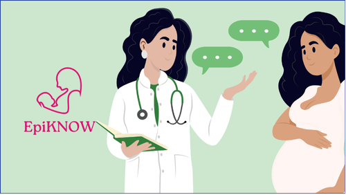 Doctor Talkin to pregnant woman with EpiKNOW logo to RHS