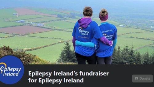 Screenshot of the Epilepsy Ireland Facebook page showing a FB fundraiser in progress with the cover photo of two EI volunteers and profile pic of EI Logo with EI fundraiser strapline