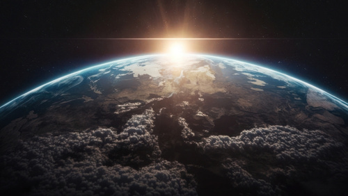 Satellite image of Earth and the sun rising