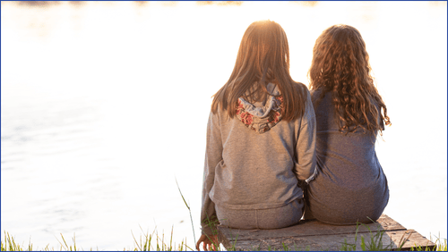 Two girls sitting at the side of a lake