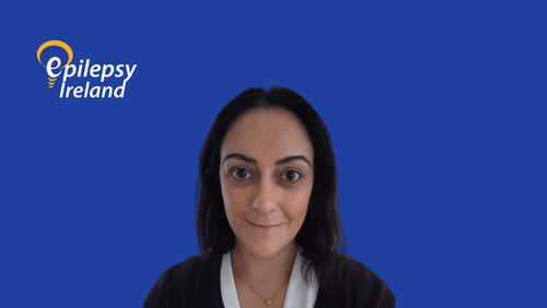 Nisha Jeawon on a blue background with the Epilepsy Ireland logo on it