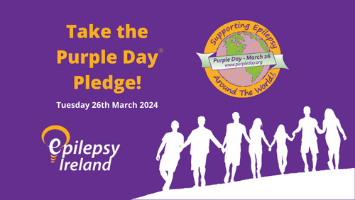 An image of white silhouettes holding hands and walking up a mild incline against a purple background with the Epilepsy Ireland logo, the Purple Day logo and text saying 'Take the Purple Day Pledge'