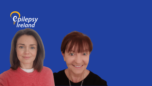 Sharon and Niamh on a blue background with EI logo to LHS