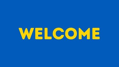 the word welcome in Ukrainian national flag colours.