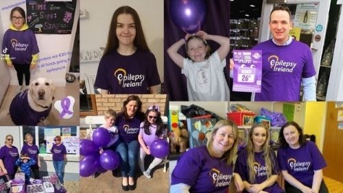 volunteers at different fundraising events all wearing Epilepsy Ireland t-shirts