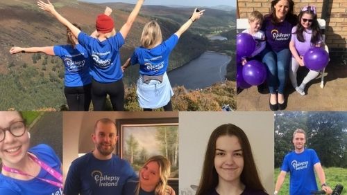 collage of different volunteers in Epilepsy Ireland t-shirts smiling during various fundraisers