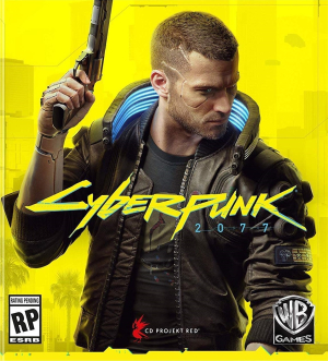 Cover of the Cyber Punk game with lead character holding gun
