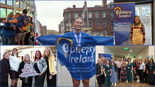 Collage of five images related to Epilepsy Ireland. Image of marathon runner holding an EI flag. Images of participants in EpiKNOW study. Image of EI staff at national conference. Image of media volunteer standing next to EI banner. Image of EI members hugging.