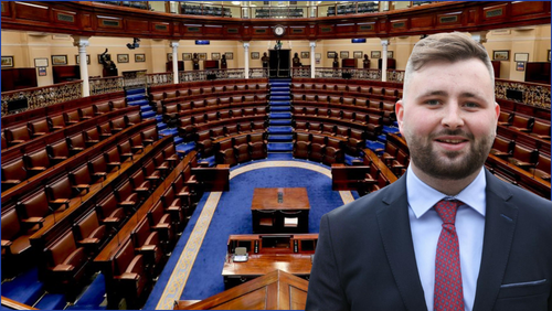 Empty Dáil Eireann Chamber with pic of Deputy Eoghan Kenny overlayed