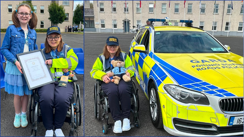 Rebecca and Emma and Rebecca and a Garda car