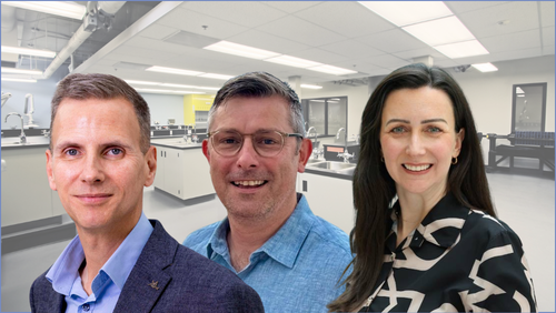 Prof David Henshall, Prof Mark Cunningham, Dr. Cristina Reschke standing in front of faded lab