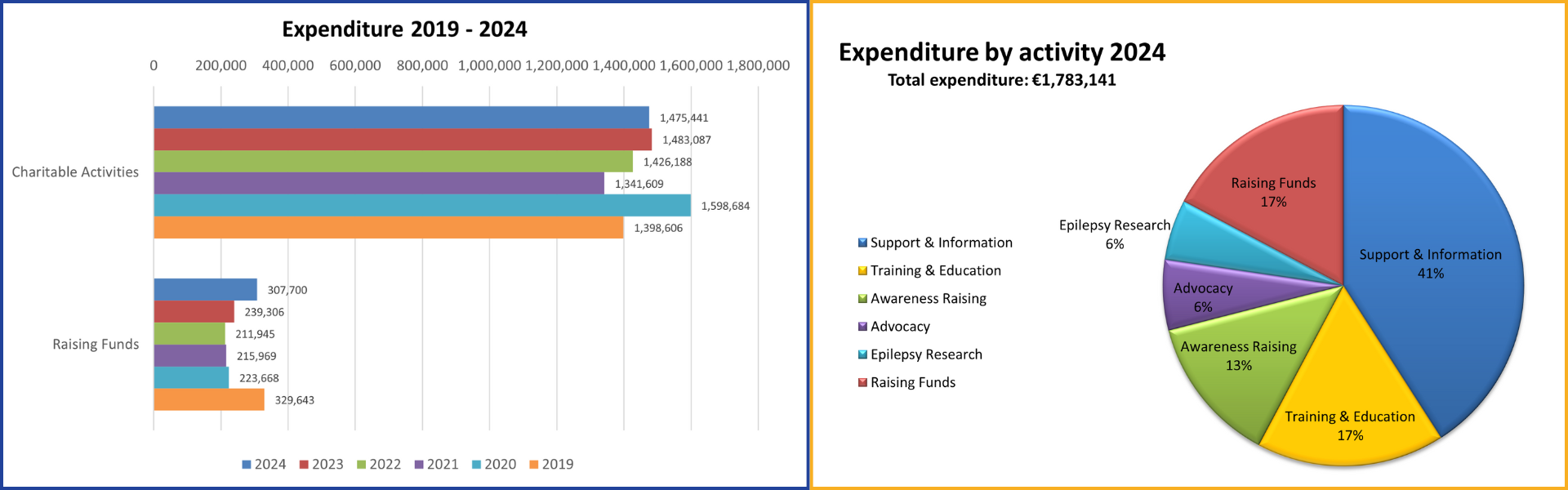 Bar chart and pie chart showing Epilepsy Ireland  expenditure