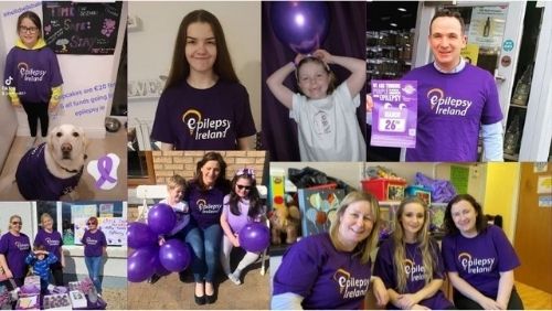 Collage of photos of volunteers in purple Epilepsy Ireland t-shirts taking part in various fundraisers for Purple Day