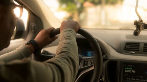 Person holding a steering wheel