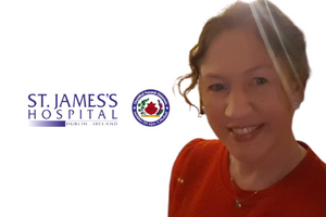 Advanced Nurse Practitioner Cara Synott alongside St. James's Hospital logo