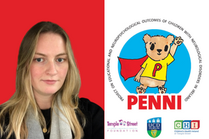 PHD student Clara Sherlock and PENNI logo, Temple Street Logo, UCD Logo & CHI Logo