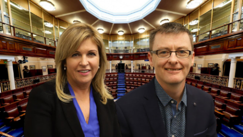 Deputies Rose Conway-Wash and David Cullinane with Dáil background