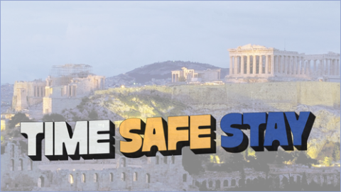 Time Safe Stay logo overlaid on a faded mage of Athens