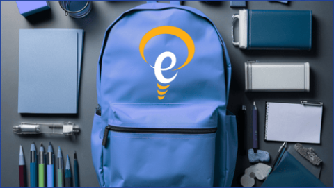 School bag with EI logo on it and school materials. 