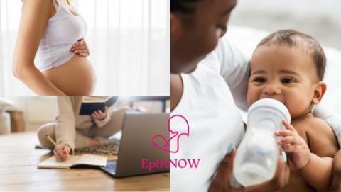 Images showing pregnant women, woman feeding baby and woman researching on Laptop with EPIKNOW logo