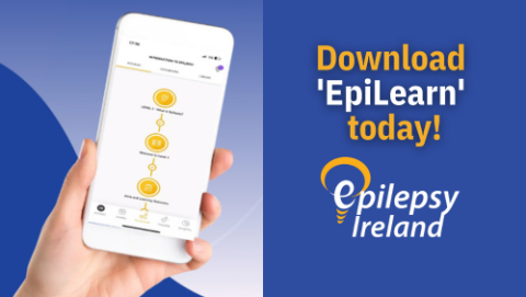 Person's hand holding iphone displaying Epilearn app and showing Epilepsy Ireland logo