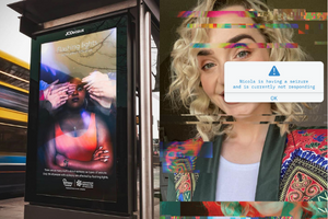 Image of bus stop with our 2020 International Epilepsy Day Campaign and an image of one of the faces behind our International Epilepsy Day 2021 campaign