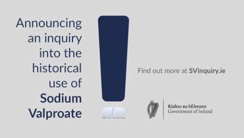 Blue lettering on grey background announcing Sodium Valproate Inquiry