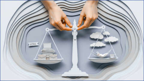 Two hands holding a scales balancing work and home life
