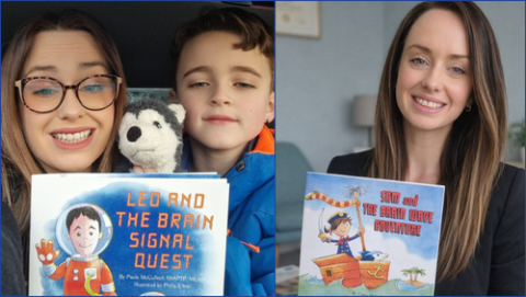 Paula and Leo with a copy of the Leo book  and Paula with a copy of the Sam book