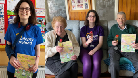Roisin with her book and Roisin pictured with her grandparents