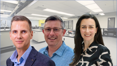 Prof David Henshall, Prof Mark Cunningham, Dr. Cristina Reschke standing in front of faded lab