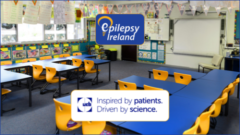 Empty classroom and EI and UCB logo