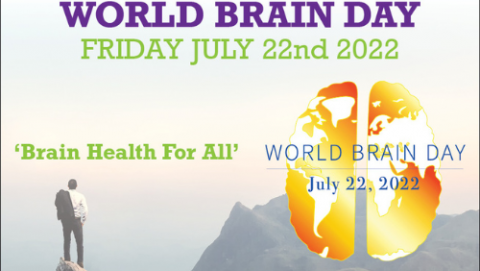 World Brain Day promotional poster - showing background of man reaching summit of mountain; brain; and text overlay of theme of Brain Health for All