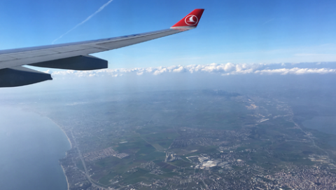 Wing of Turkish Airline plane mid-flight